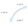 Simplified profile diagram of 1/4 Round Cove Crown Molding labeled with 4-1/2 inch height, 4-1/2 inch projection, and 6-3/4 inch face.