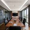 Modern conference room featuring San Jose Molding for Indirect Lighting at the ceiling, with San Francisco Modern Baseboard and Casing throughout the space.