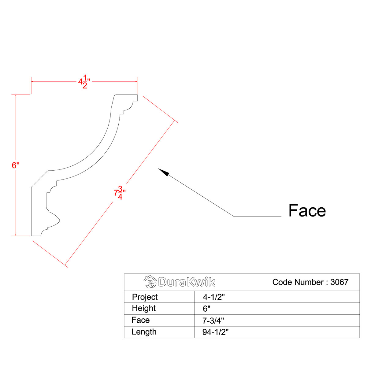 Profile drawing of Cathedral & Vaulted Ceiling Molding for Indirect Lighting with labeled dimensions showing 6 inch height, 4-1/2 inch projection, and 7-3/4 inch face.
