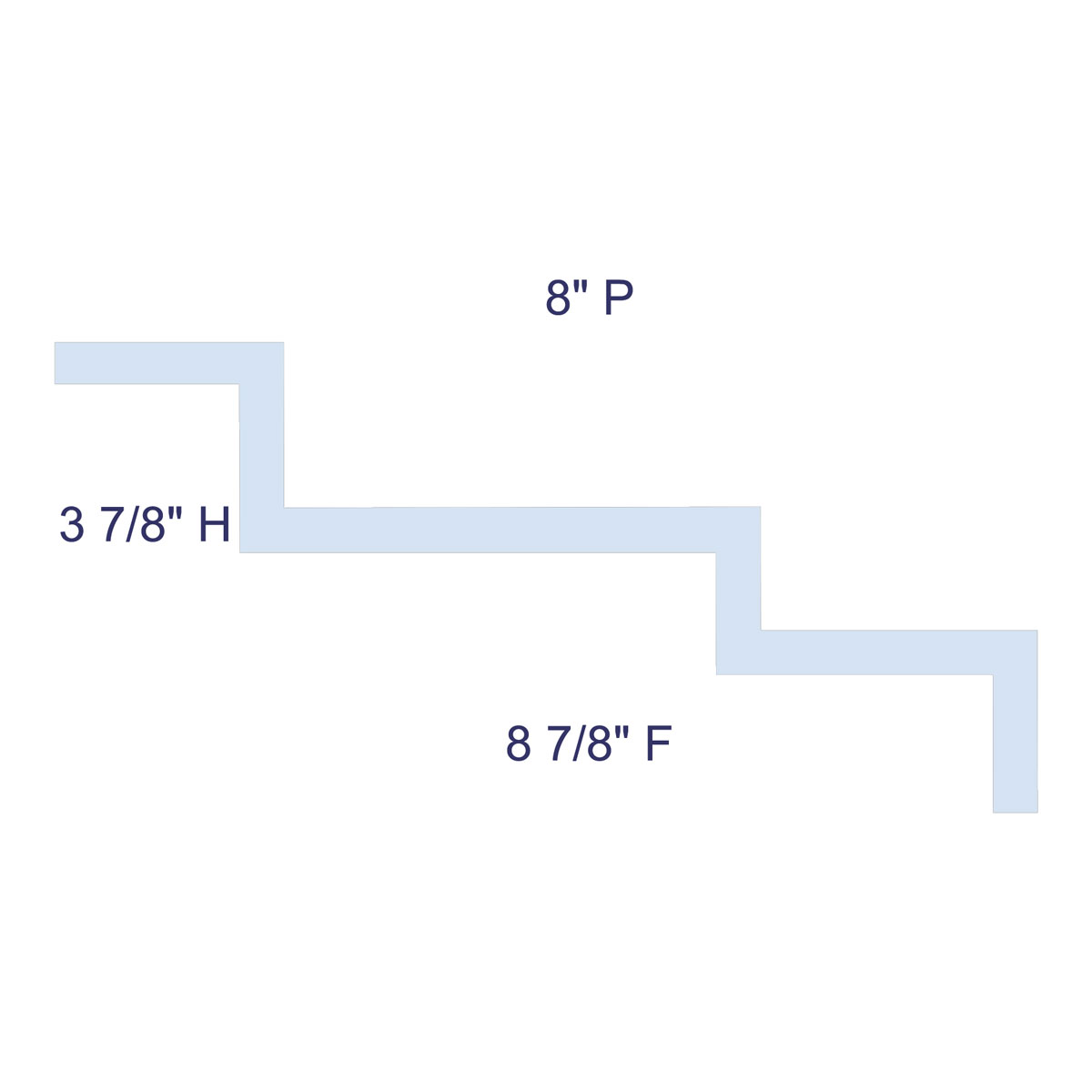 Simplified profile diagram of Los Angeles 3-Step Crown Molding labeled with 3-7/8 inch height, 8 inch projection, and 8-7/8 inch face.