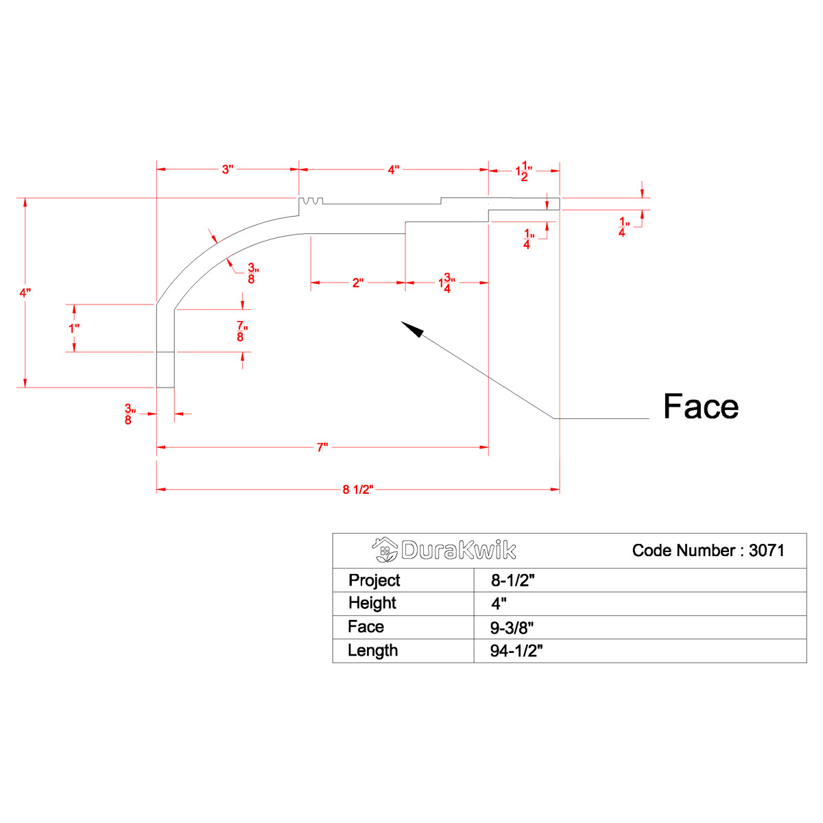 Profile drawing of Miami Art Deco 2-Step Crown Molding for LED's with labeled dimensions showing 8-1/2 inch projection and 4 inch height.