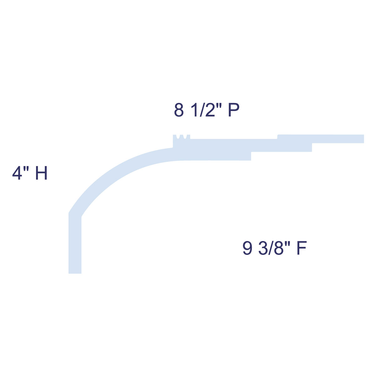 Simplified profile diagram of Miami Art Deco 2-Step Crown Molding for LED's labeled with 4 inch height, 8-1/2 inch projection, and 9-3/8 inch face.
