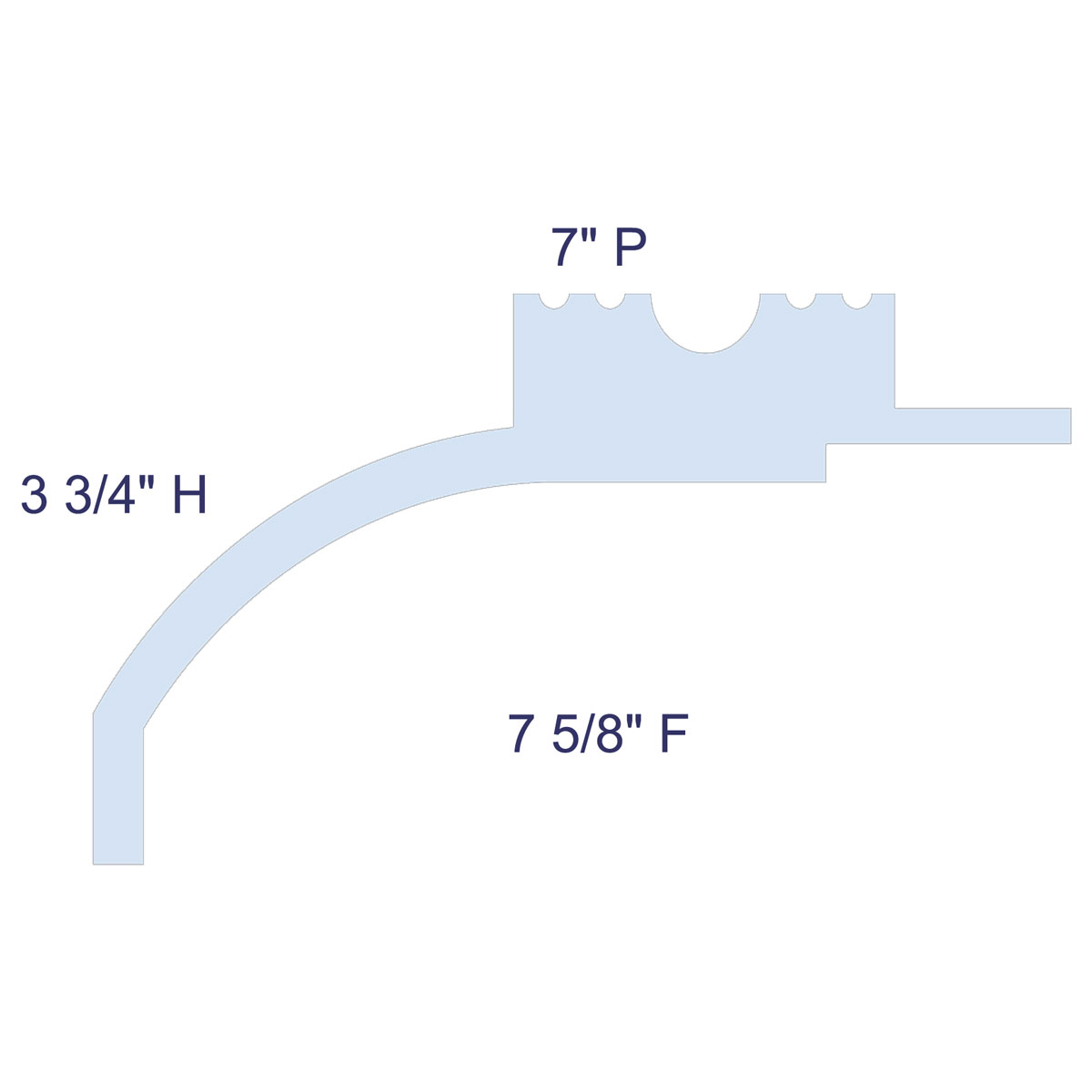 Simplified profile diagram of Miami 2-Way Molding for Indirect Lighting labeled with 3-3/4 inch height, 7 inch projection, and 7-5/8 inch face.