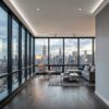 Installed New York Baseboard Molding and Casing adding crisp architectural trim details to a refined contemporary interior with expansive city views.