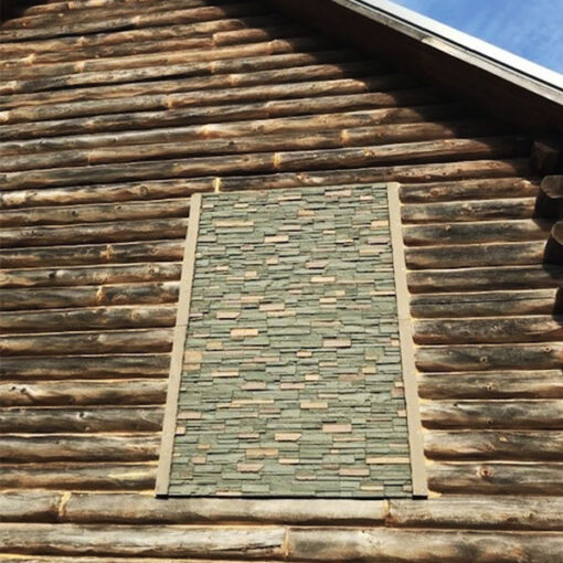 Yosemite Hike Stacked Stone Panel Installed on a log cabin